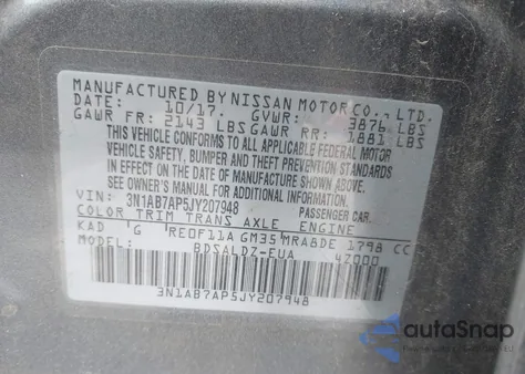 2018 Nissan Sentra S/Sl/Sr/Sv z USA, uszkodzony, nr VIN 3N1AB7AP5JY20794